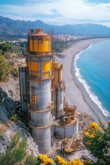 Obraz premium Industrial site along the coastline with a large cement plant and beach scenery