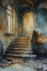 Abandoned staircase in a decaying building with weathered walls and soft light.