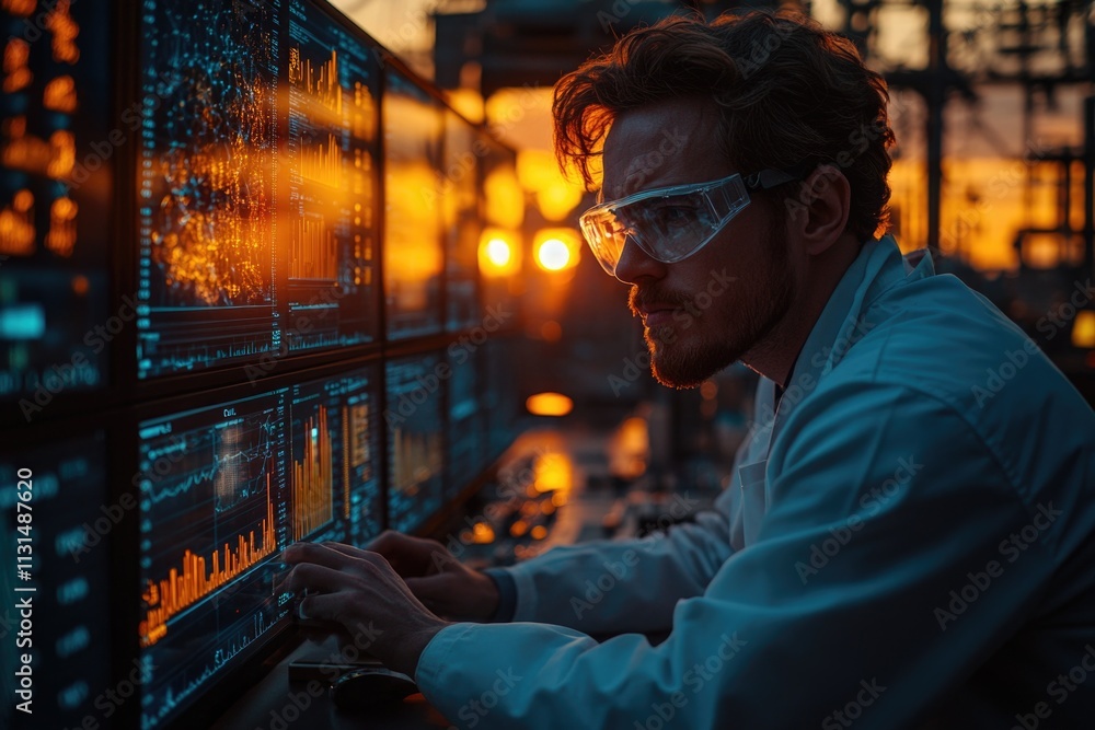 Poster a man in a lab coat and goggles working on a computer, possibly conducting research or analyzing dat