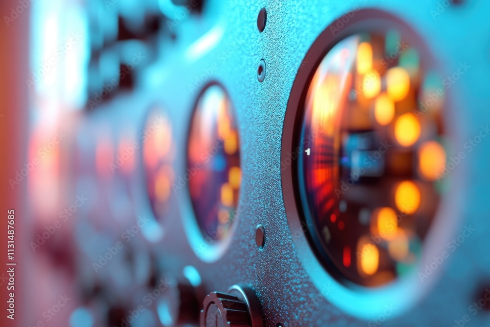 Poster a detailed view of a control panel with various lights and buttons