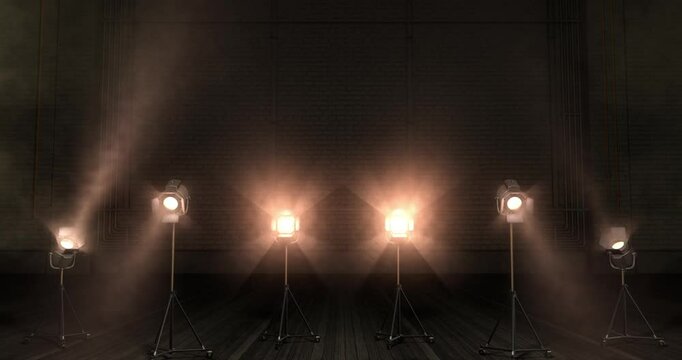 Vintage par lights randomly flickering over a stage wall background. Looping animation. 3D render.