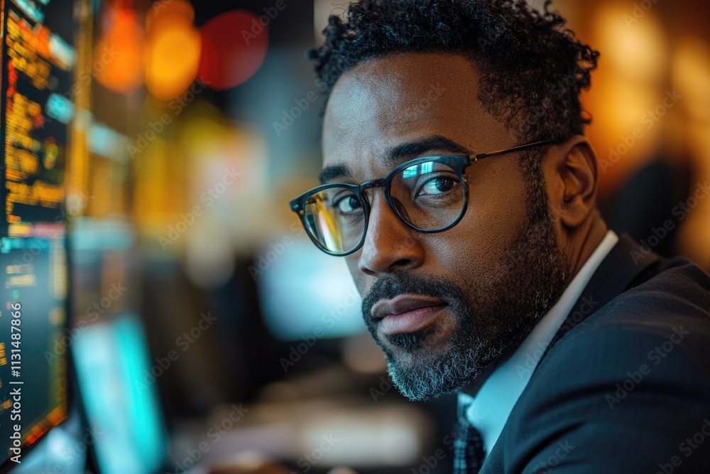 Poster a person wearing glasses sits in front of a computer screen, focused on the task