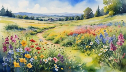 Obraz premium Colorful spring flowers bloom across a vibrant meadow, capturing the essence of nature's rebirth and beauty in a serene landscape