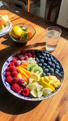  vibrant image of fresh fruits and vegetables being prepared for a morning smoothie, highlighting healthy choices and vitality 