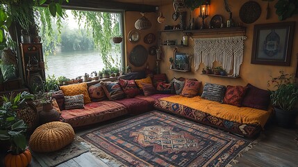 Majestic Room Display Showcasing Vibrant Orange Sofa Paired With Bohemian Eclectic image