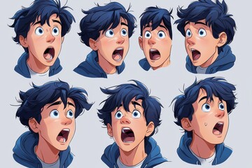A series of thin line icons featuring the same man's face showing different emotions.