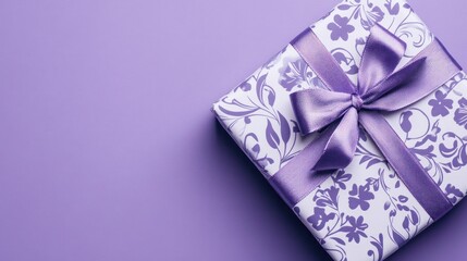 Purple gift box with ribbon bow, floral pattern.