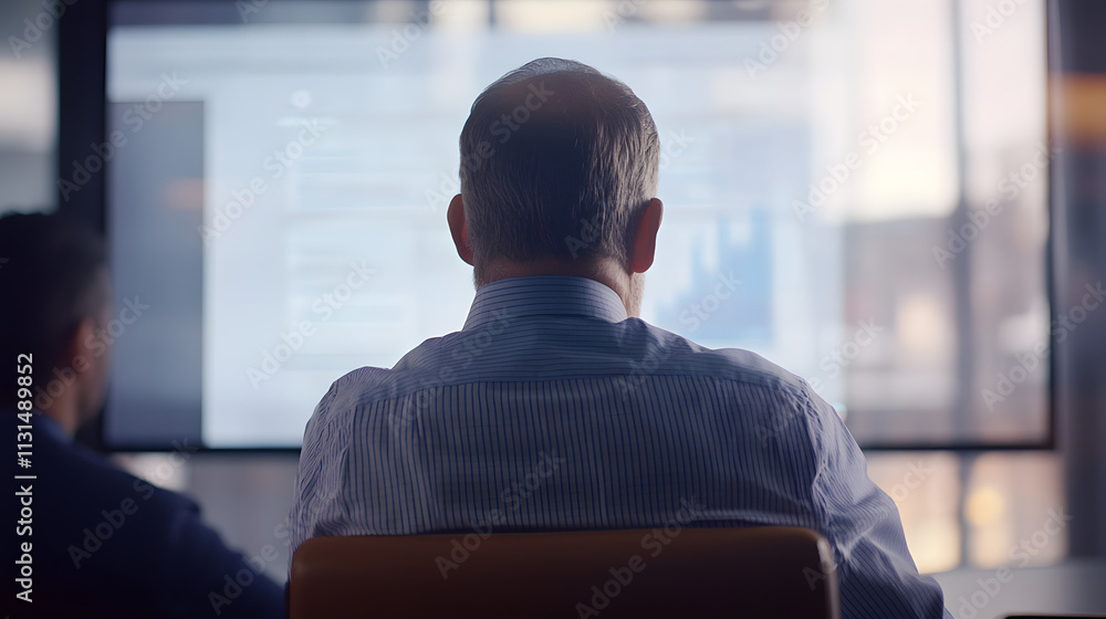 Poster rear view of a businessman sitting in front of a large screen displaying data. he's in a modern offi
