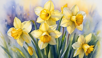 Fototapeta premium Vibrant watercolor depiction of spring daffodils blossoming under a gentle morning light, capturing the essence of renewal and beauty in nature's embrace