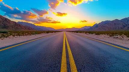 A picturesque view of a desert road stretching into the horizon, framed by mountains and a vibrant sunset with colorful clouds.