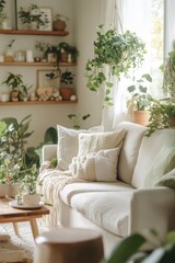 Naklejka premium Serene Living Room Decorated With Lush Greenery