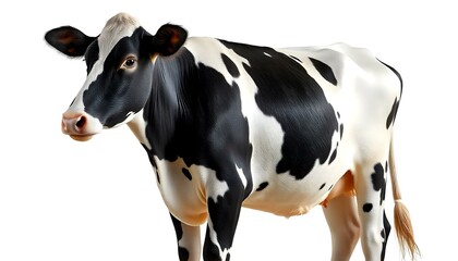 The image features a black and white Holstein cow standing in profile. The cow has a distinctive coat pattern, with large patches of black contrasting against its white body. Its body is robust and we