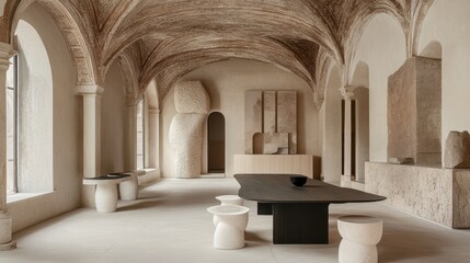 Obraz premium Minimalist Interior Design Featuring Stone Sculptures and Arched Ceilings