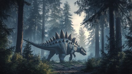 Stegosaurus in a misty forest.