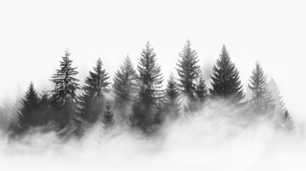 Obraz premium Misty mountain forest with evergreen trees in monochrome.