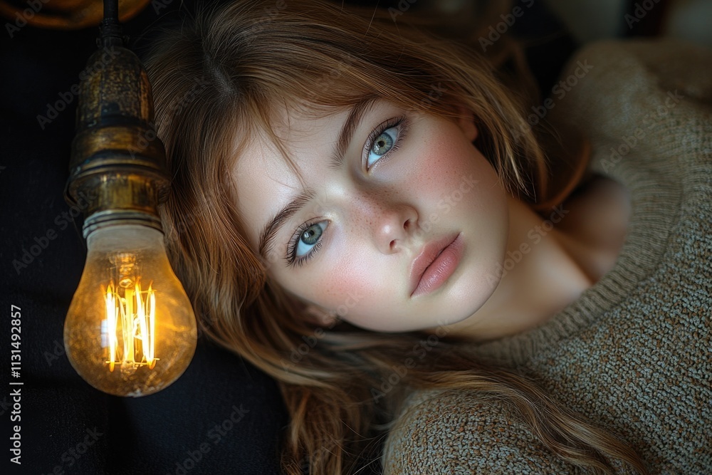 Poster a person lying beside a light source with a bulb shape