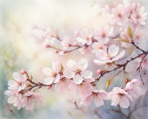 Lively watercolor illustration capturing the delicate beauty of spring flowers blooming in an enchanting garden setting