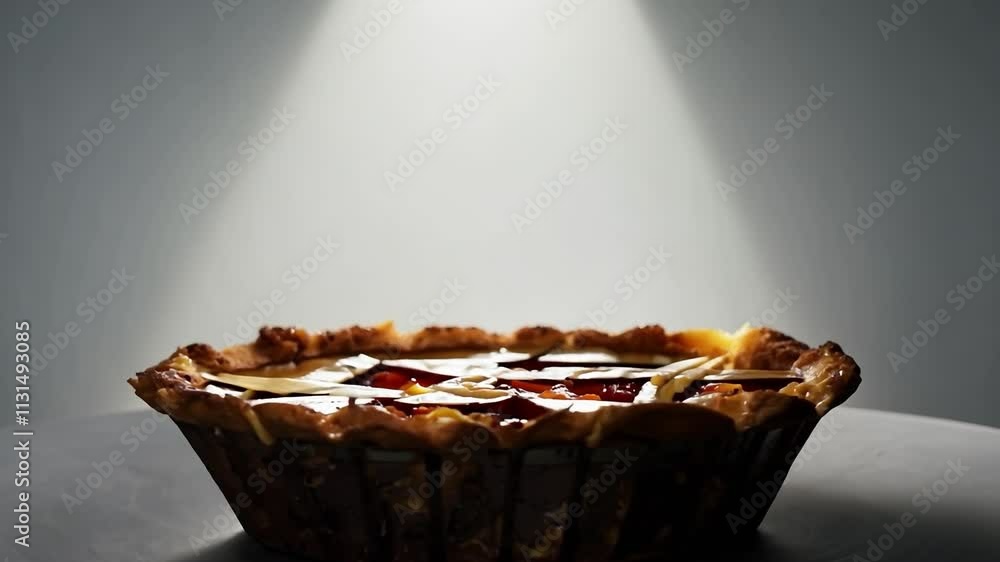 Poster pie is sitting on a table with a light shining on it. the light creates a shadow of the pie on the t
