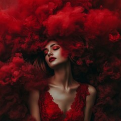 Fototapeta premium A captivating portrait of a woman surrounded by red smoke, evoking powerful emotions and mystery.