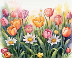 Vibrant watercolor illustration showcasing a lively garden of spring flowers in full bloom under a soft, warm sunlight, capturing the essence of nature's rebirth and beauty