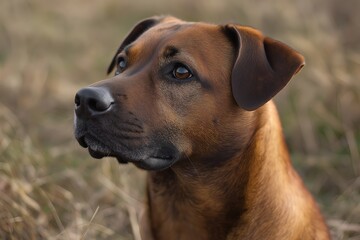 A close-up of a brown dog gazing attentively in a grassy area.