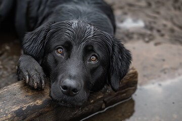 A black Labrador dog resting its chin on a log near muddy water, looking soulful.