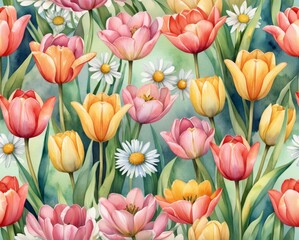 Obraz premium Delicate watercolor illustration capturing the vibrant essence of spring flowers blooming in a sunlit garden filled with tulips and daisies