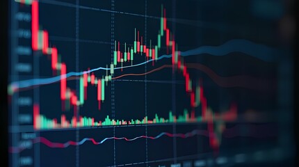 Closeup financial chart with uptrend line candlestick graph in stock market on blue color monitor background banking investment in digital assets analytics of technology fintech in stock exchange