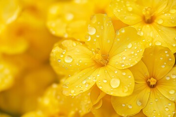 Obraz premium A macro close-up of yellow flowers glistening with droplets of water after rain.