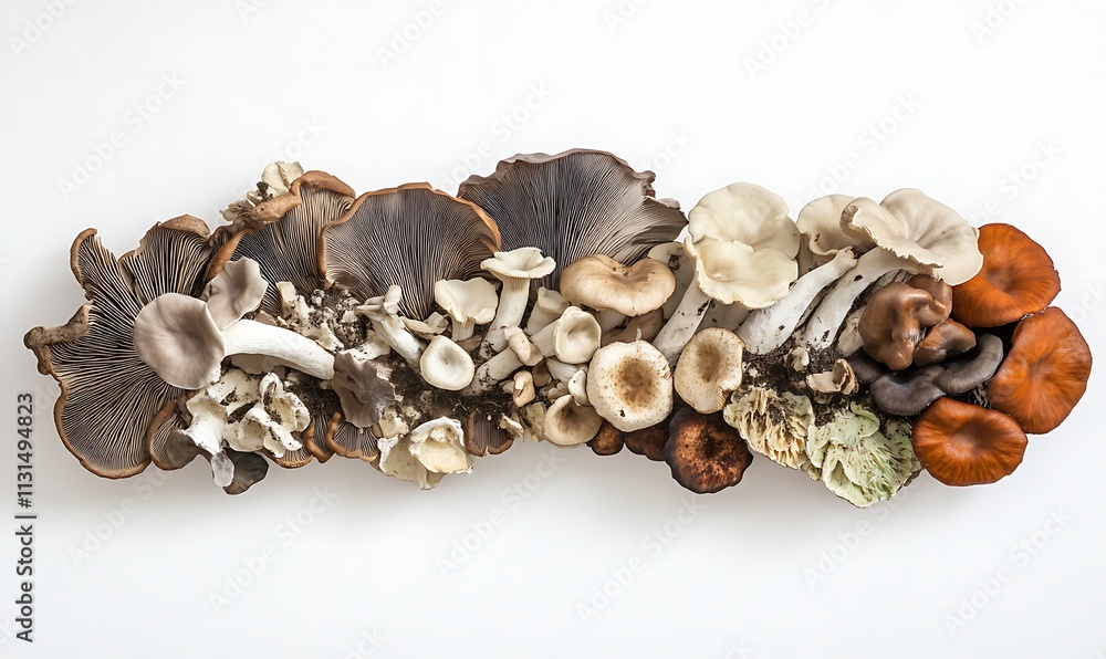 Poster assorted mushrooms arranged in a horizontal row