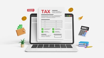 Digital tax calculation form and financial management concept. Income tax, tax return file, tax documents. Government taxes and calculation tax return. 3D laptop with online tax form.4K 3D animation