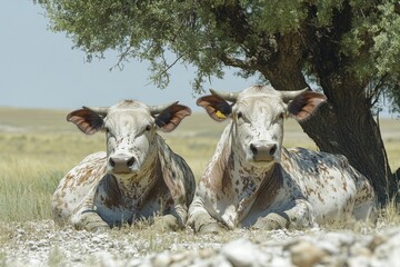 Oxen resting peacefully under a tree after a long day of plowing in the countryside