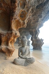 Fototapeta premium Figurine peacefully resting on the sand amidst underwater ruins with unique rock formations