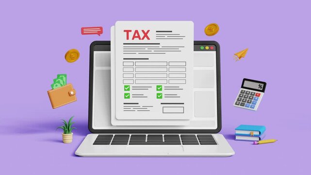 Tax deduction form, income tax, accounting and financial management, VAT and property taxes concept. Online tax documents on a 3D laptop. 4K 3D animation