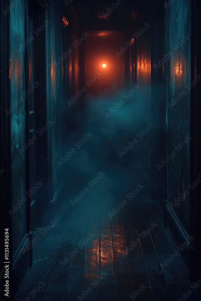 Poster abandoned corridor with a single source of light guiding the way