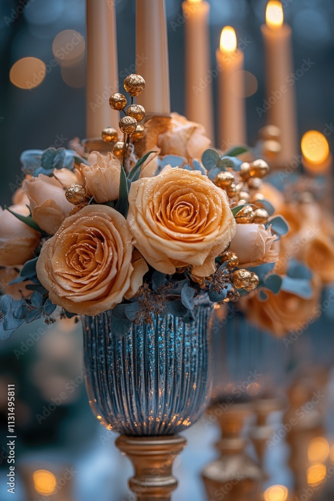 Poster a group of candles placed on a table with a warm glow, perfect for use in scenes where soft lighting