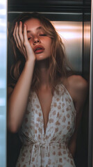 Fototapeta premium Woman in floral dress in an elevator 