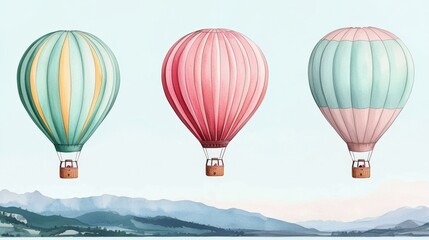 Obraz premium Watercolor texture and vibrancy, Three colorful hot air balloons float above a serene landscape, showcasing various pastel colors against a calm sky, creating a whimsical and peaceful atmosphere.