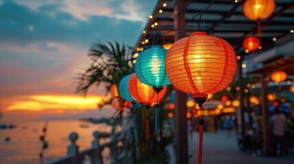 Fototapeta premium Colorful paper lanterns hang at sunset over a waterfront walkway, with people strolling. Warm light illuminates the scene.