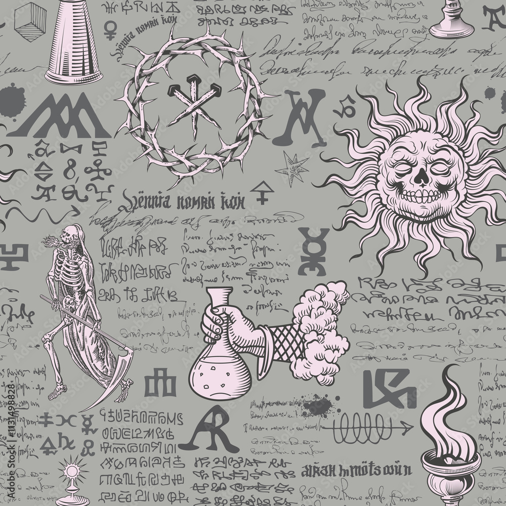 Poster seamless texture for printing on fabric and paper in the form of an alchemical formula with encrypte
