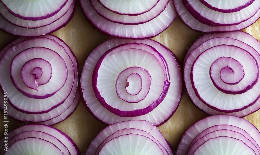 Poster sliced red onions arranged in a pattern on wood