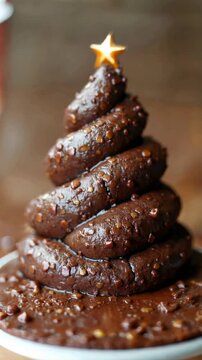 Poopy dessert shaped as a Christmas tree with a golden star topper. Concept of festive treats, holiday celebration, and creative culinary design.