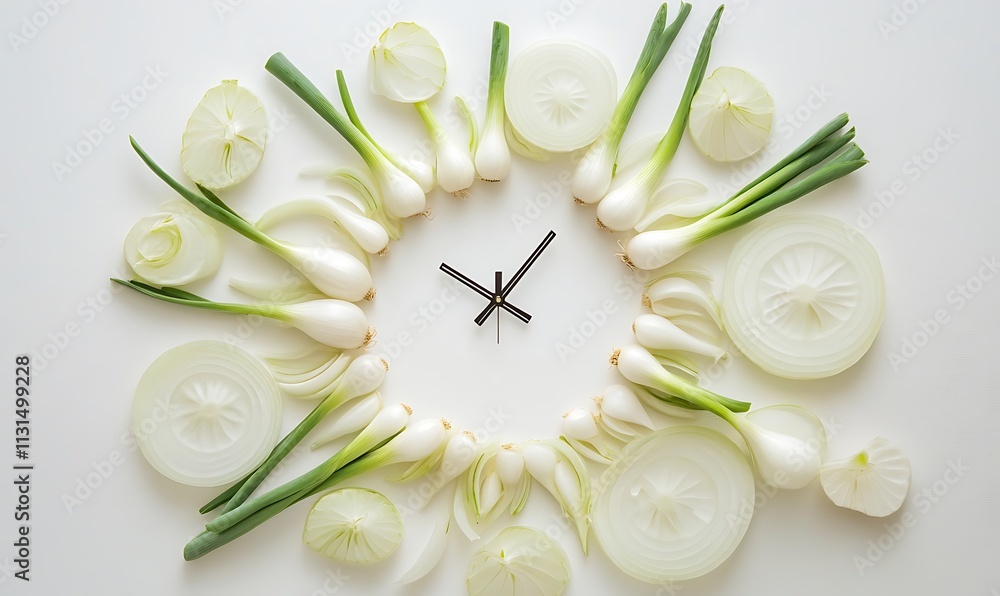 Poster white onions arranged in a clock design