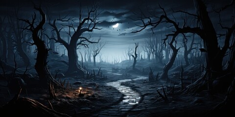 Obraz premium A winding path leads through an unsettling forest under a full moon