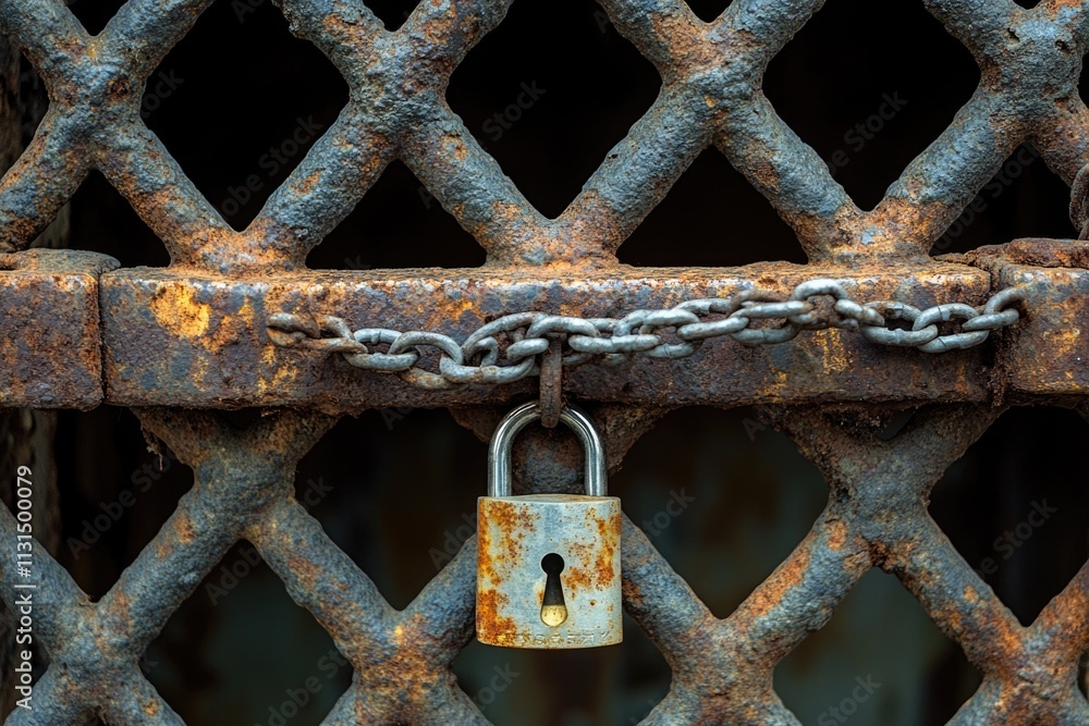 Poster a padlock attached to an old gate with rust and corrosion