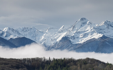 Landscape with snow covered Pyrennes mountains