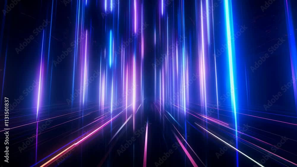 Poster dynamic neon light tunnel animation. abstract futuristic corridor with glowing blue and purple strea