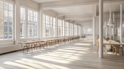 Naklejka premium Sunlit Minimalist Loft Dining Area With Long Tables