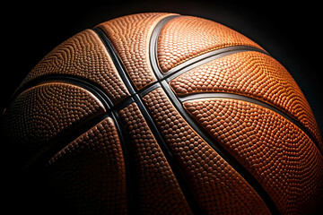 Close-up of a textured basketball, highlighting its surface and grooves against a black background, emphasizing detail and craftsmanship.