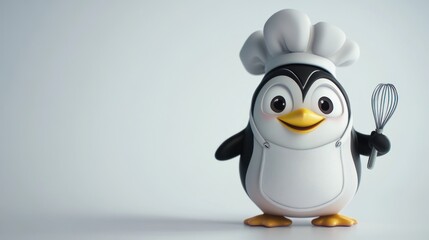 Fototapeta premium Cute cartoon penguin chef holding a whisk.